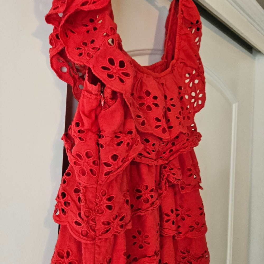 Show Me Your Mumu Lucy Mini Dress Large Cherry Eyelet Red Ruffle Tiered Cotton L - Picture 6 of 8